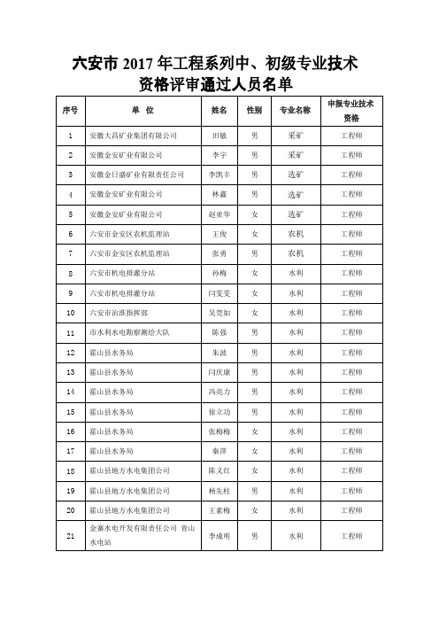 六安工程系列中初级专业技术资格评审通过人员名