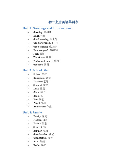 初二上册英语单词表