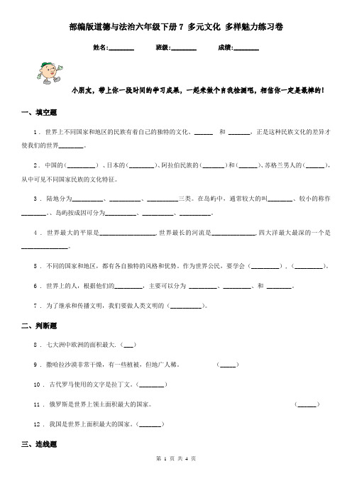部编版道德与法治六年级下册7 多元文化 多样魅力练习卷精编