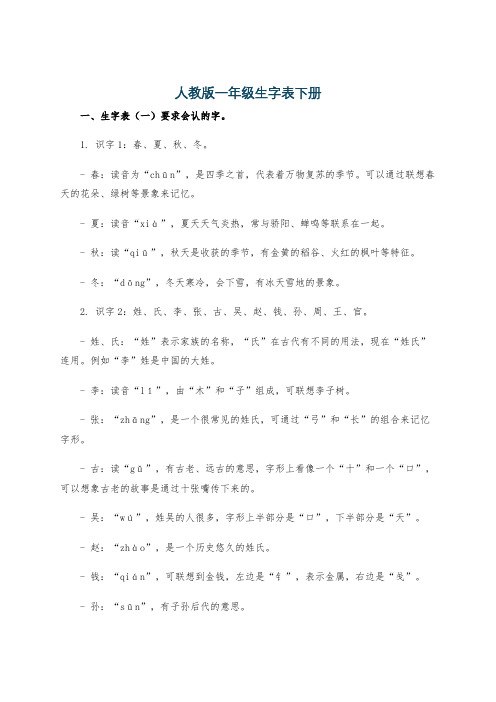 人教版一年级生字表下册