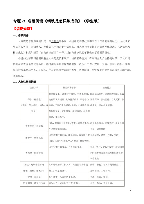 专题21 名著阅读《钢铁是怎样炼成的》(学生版)