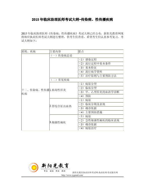 2015年临床助理医师考试大纲-传染病、性传播疾病