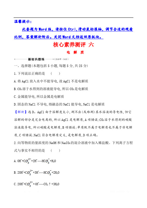 2021版化学名师讲练大一轮复习鲁科新高考地区专用版核心素养测评 六 电 解 质 