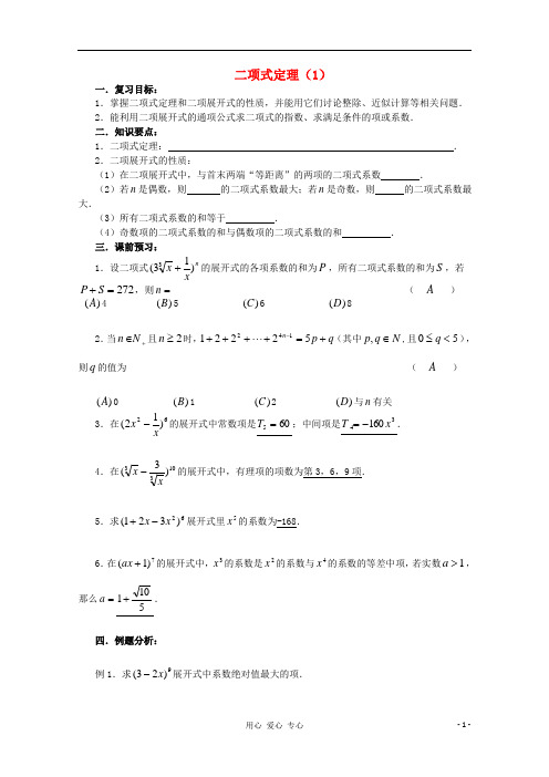 高三数学第一轮复习 第68课时 二项式定理(1)教案