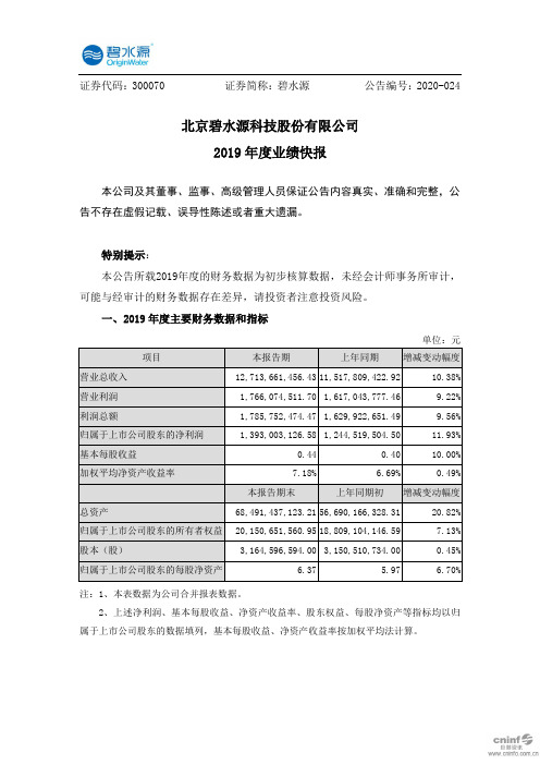 碧水源：2019年度业绩快报