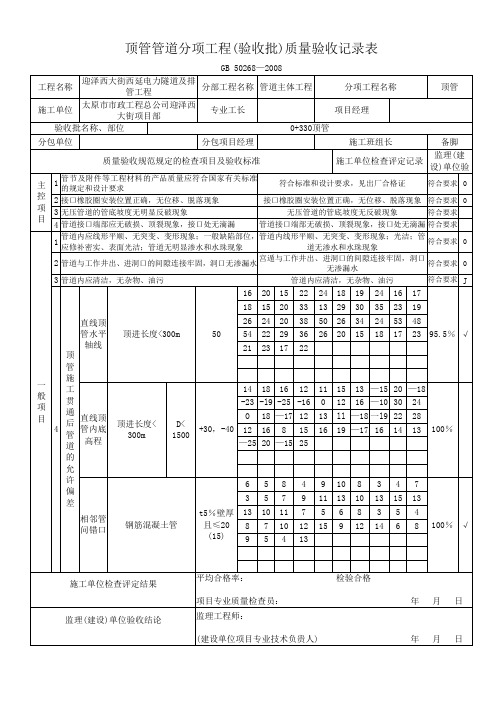 顶管管道分项工程(验收批)质量验收记录表