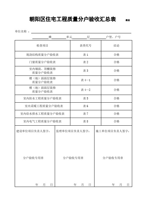 朝阳区住宅工程质量分户验收汇总表