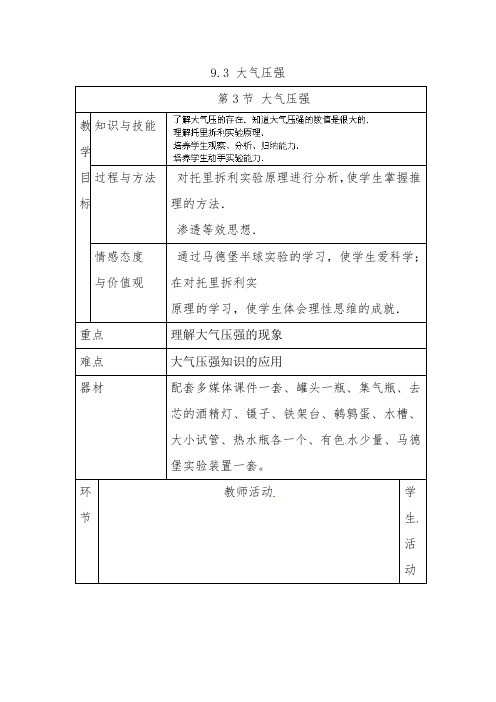 湖南省株洲县渌口镇中学八年级物理下册 9.3 大气压强教案 