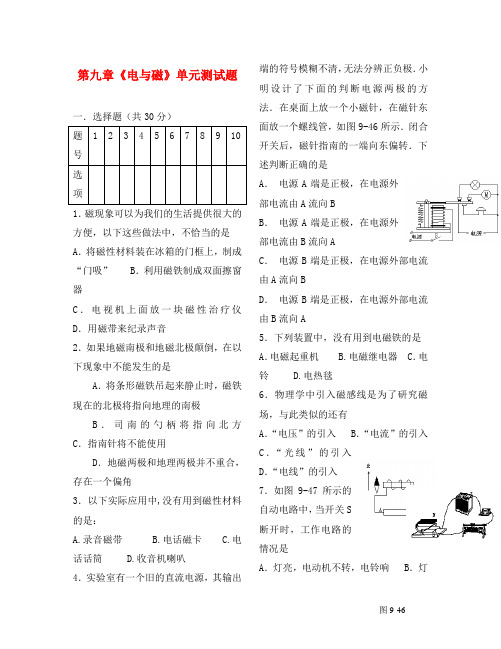 八年级物理下册 第九章电与磁单元测试题 (无答案) 人教新课标版