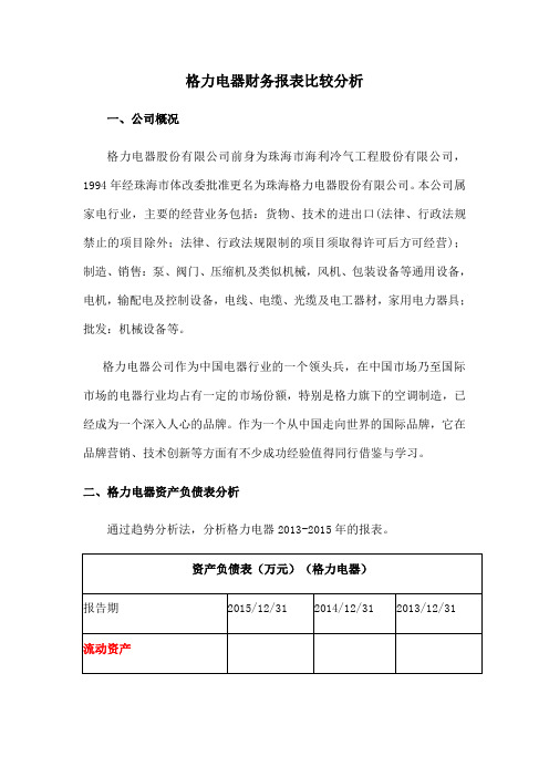 格力电器财务报表比较分析