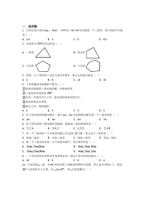 天津市南开翔宇学校八年级数学上册第一单元《三角形》测试(答案解析)