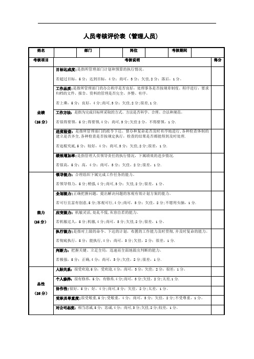 管理人员考核评价表