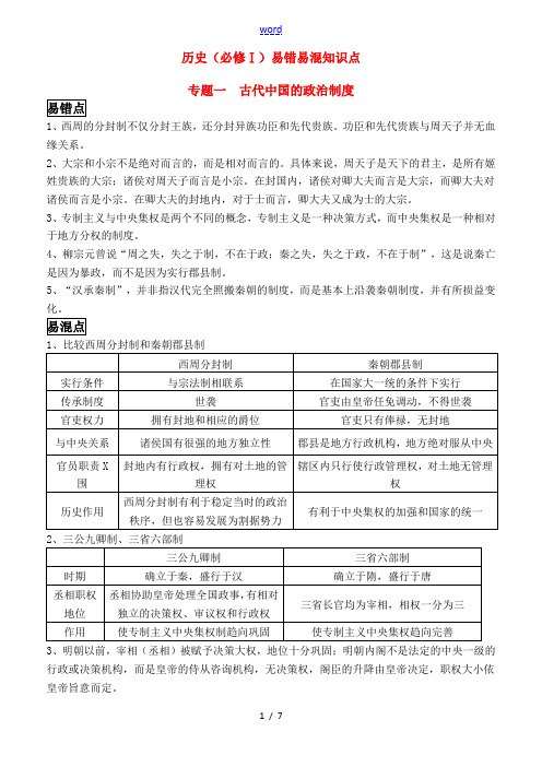 高中历史 易错易混知识点 人民版必修1