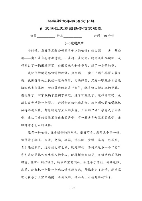 部编版六年级语文下册 《 文学性文本阅读专项突破卷》附答案2套