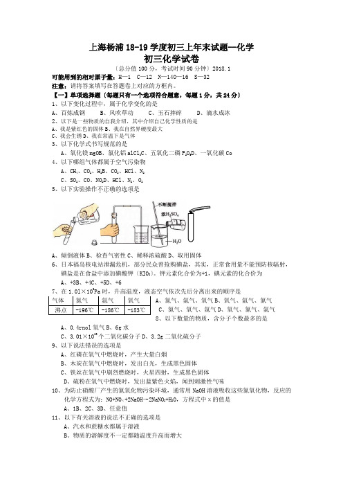 上海杨浦18-19学度初三上年末试题--化学