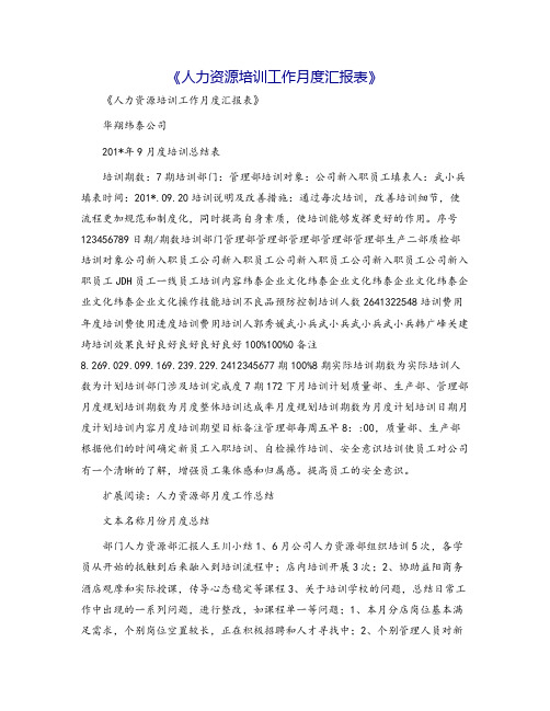 《人力资源培训工作月度汇报表》