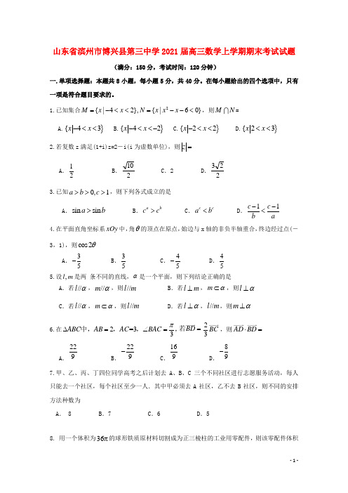 山东省滨州市博兴县第三中学2021届高三数学上学期期末考试试题