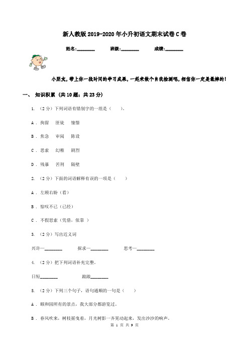 新人教版2019-2020年小升初语文期末试卷C卷