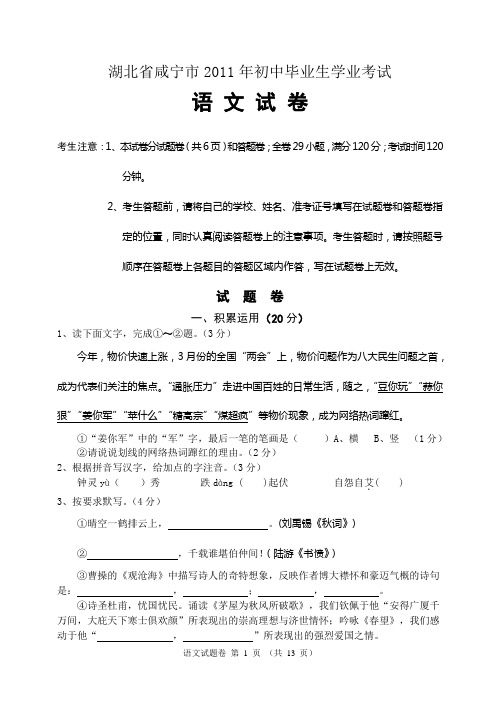 湖北 咸宁 2011年中考语文试卷
