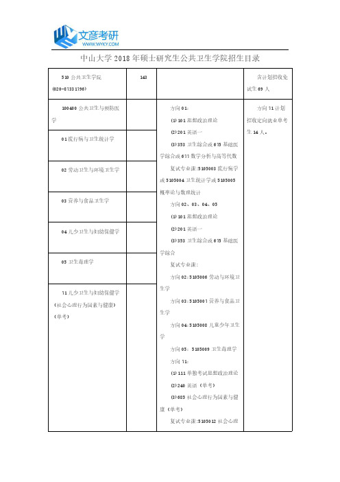 中山大学2018年硕士研究生公共卫生学院招生目录_中山大学考研网