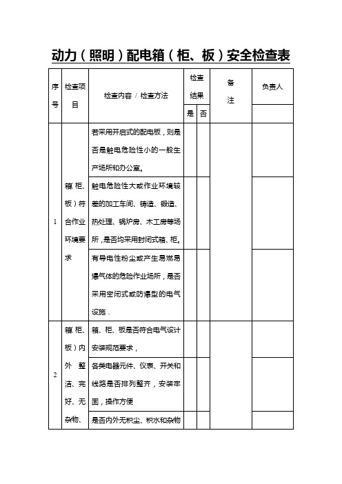 动力(照明)配电箱(柜、板)安全检查表