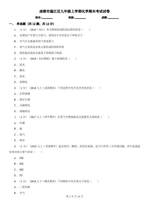 成都市温江区九年级上学期化学期末考试试卷