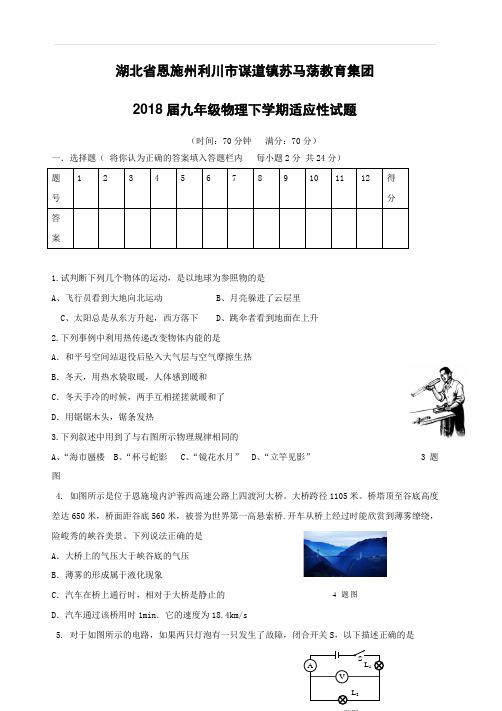 湖北树施州利川市谋道镇苏马荡教育集团2018届九年级物理下学期适应性试题附答案