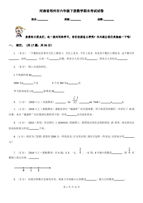 河南省郑州市六年级下册数学期末考试试卷