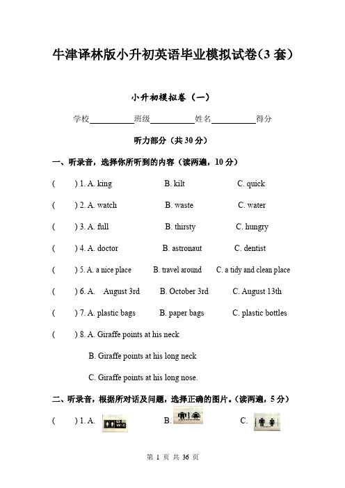 牛津译林版小升初英语毕业模拟试卷(3套)