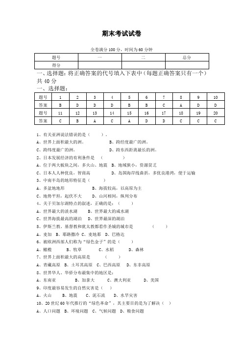 2018年春人教版地理七年级下册期末考试试题