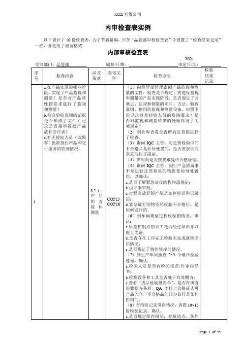 (财务内部审计)内审检查表实例