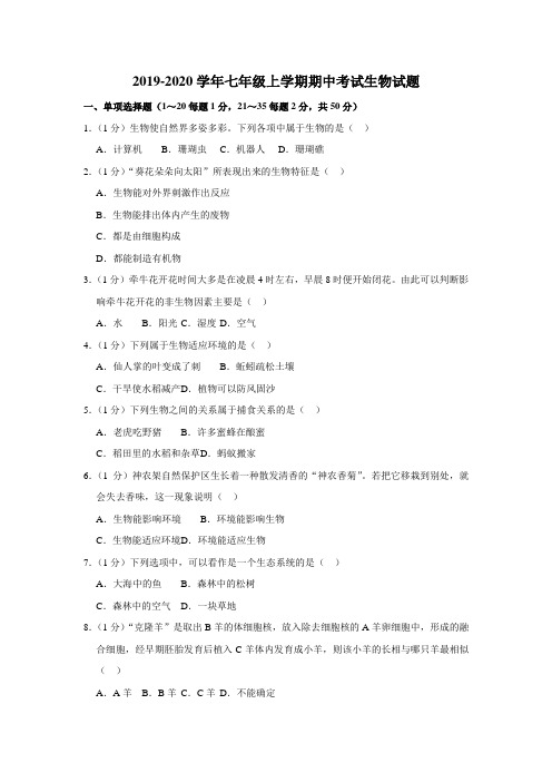 2019-2020学年人教版七年级上学期期中考试生物试题含答案