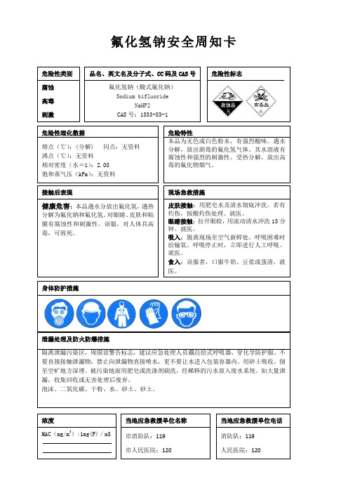 氟化氢钠安全周知卡、职业危害告知卡、理化特性表