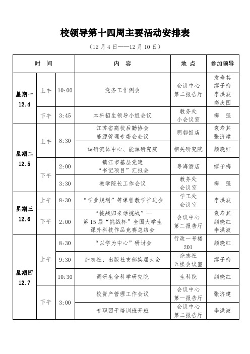 校领导第十四周主要活动安排表