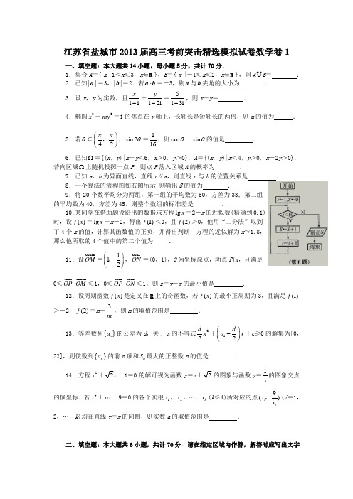 江苏省盐城市2013届高三考前突击精选模拟试卷数学卷1