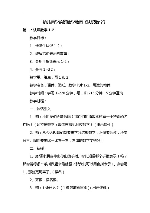 幼儿园学前班数学教案《认识数字》共三篇