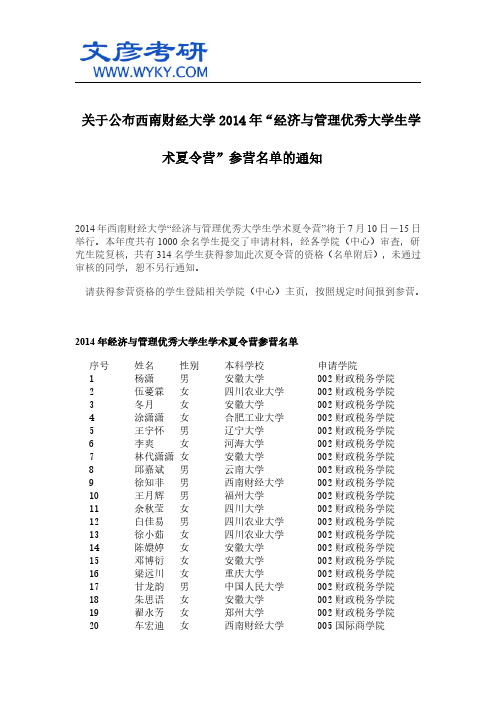 关于公布西南财经大学2014年“经济与管理优秀大学生学术夏令营”参营名单的通知_西财考研网