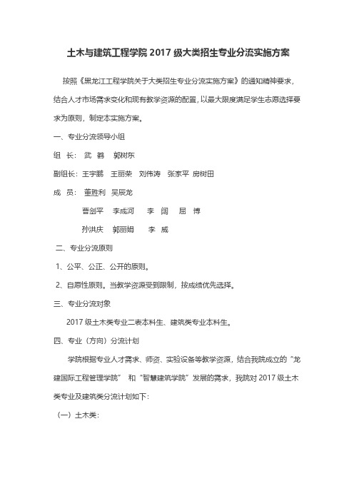 土木与建筑工程学院2017级大类招生专业分流实施方案