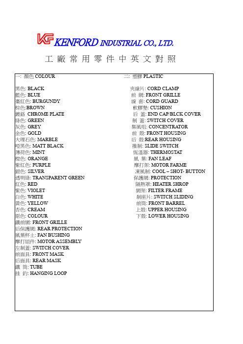 常用零件中英文对照