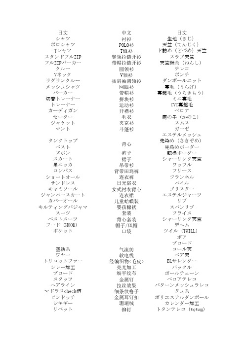 服装日语常用专业名词