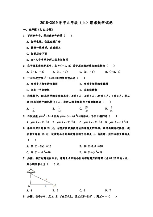 河北省保定市定州市2018-2019学年人教版九年级(上)期末数学试卷  含解析