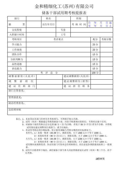 储备干部试用期考核提报表