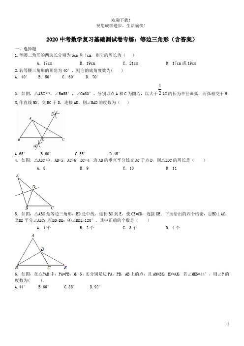 2020中考数学复习基础测试卷专练：等边三角形(含答案)