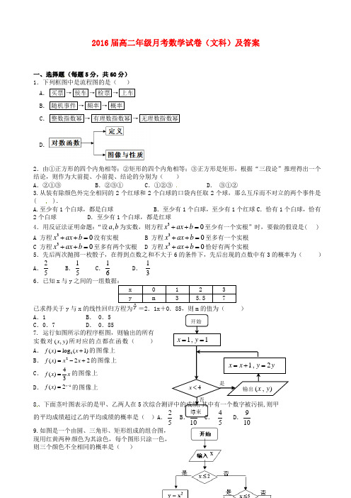 2016届高二年级月考数学试卷(文科)及答案