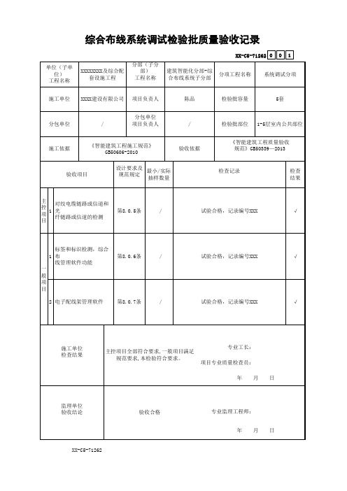 综合布线系统调试检验批质量验收记录