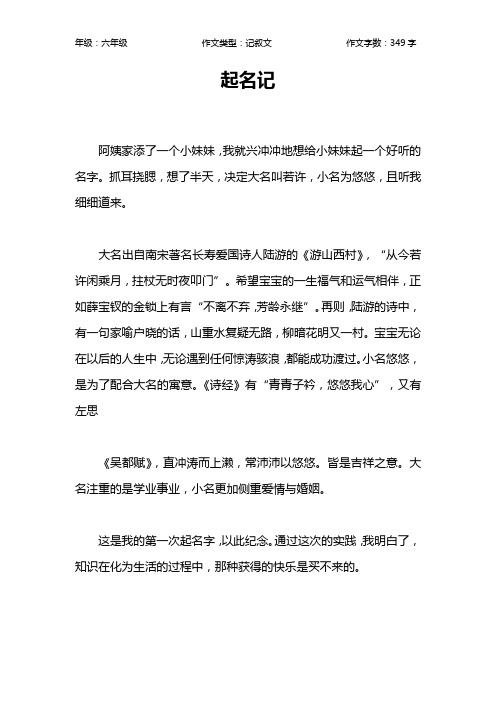 起名记作文【小学六年级300字】
