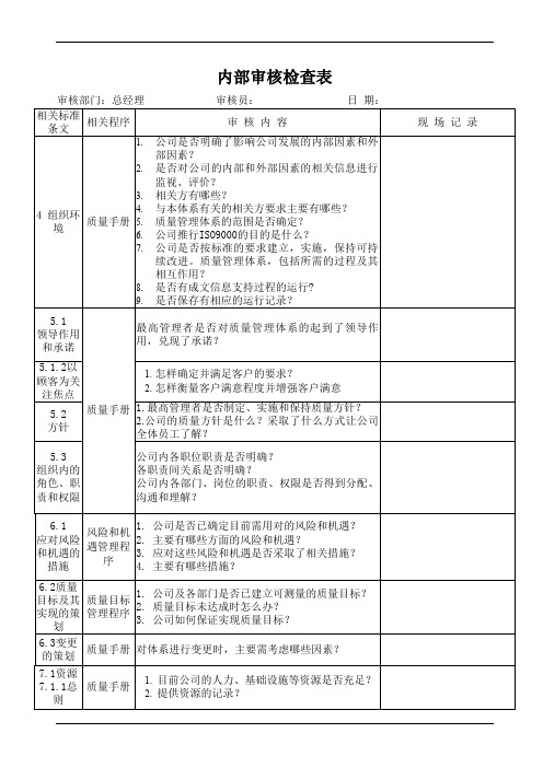 总经理内部审核检查表