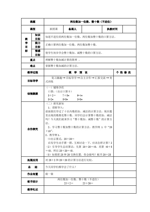 人教版数学一年级下册第六单元100以内加法和减法表格式教案