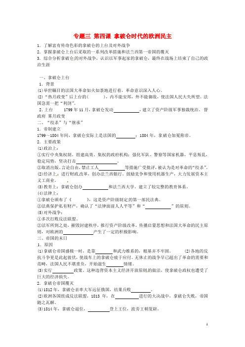 河北省沙河市二十冶综合学校高中分校高中历史 专题三 第四课 拿破仑时代的欧洲民主导学案(无答案)人民