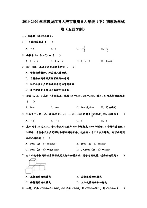 2019-2020学年黑龙江省大庆市肇州县六年级下学期期末数学试卷(五四学制) (解析版)